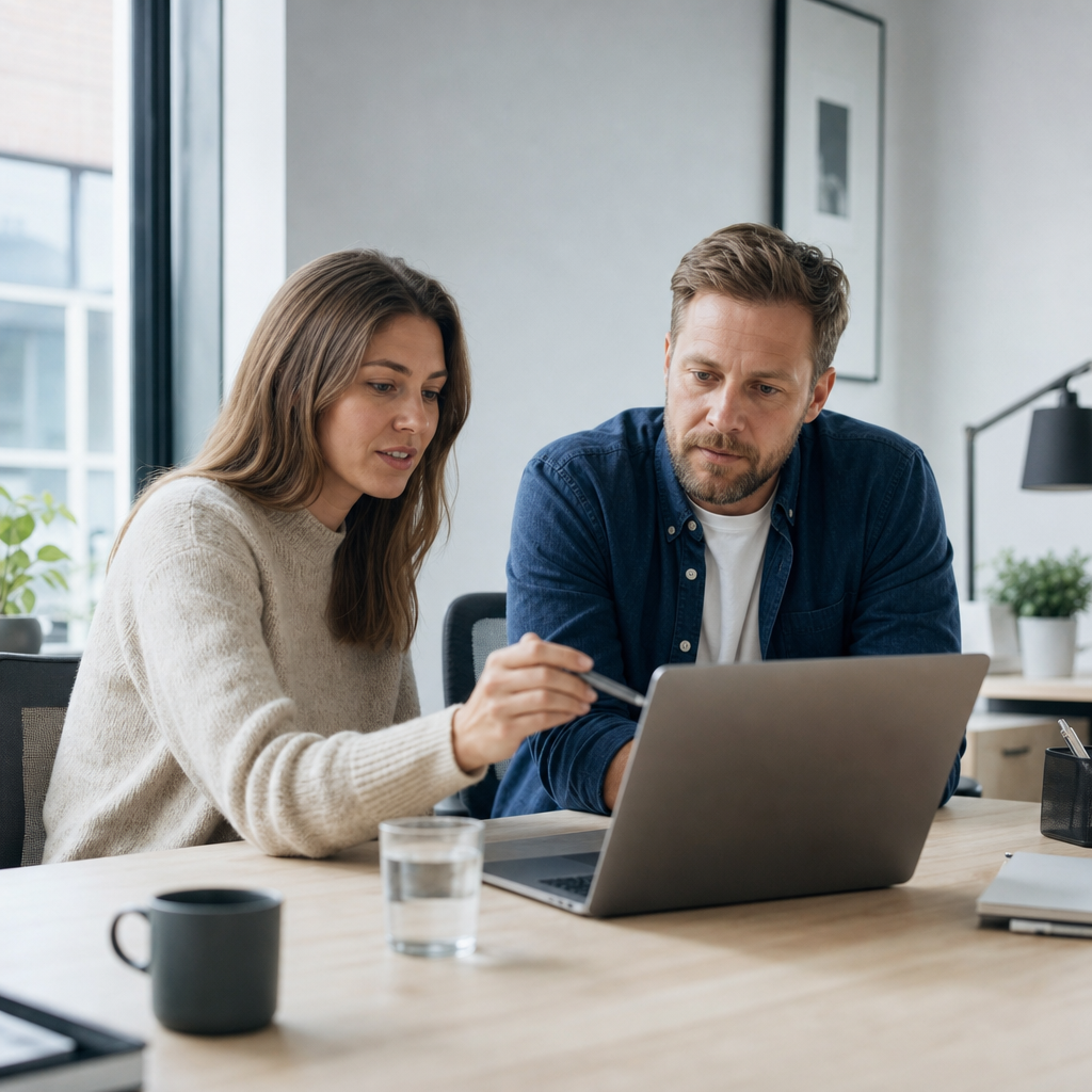 To marketingspecialister gennemgår annonceresultater på en bærbar computer i et lyst kontor