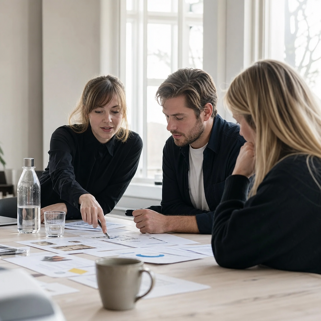 Team i lyst mødelokale sammenligner dokumenter og noter under en bureauvurdering